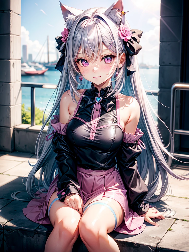 Silver hair, pink eyes, body, cat ears, adult girl, earrings, flower sky background, aqua blue gold uniform, hair bows, happy face, thigh up