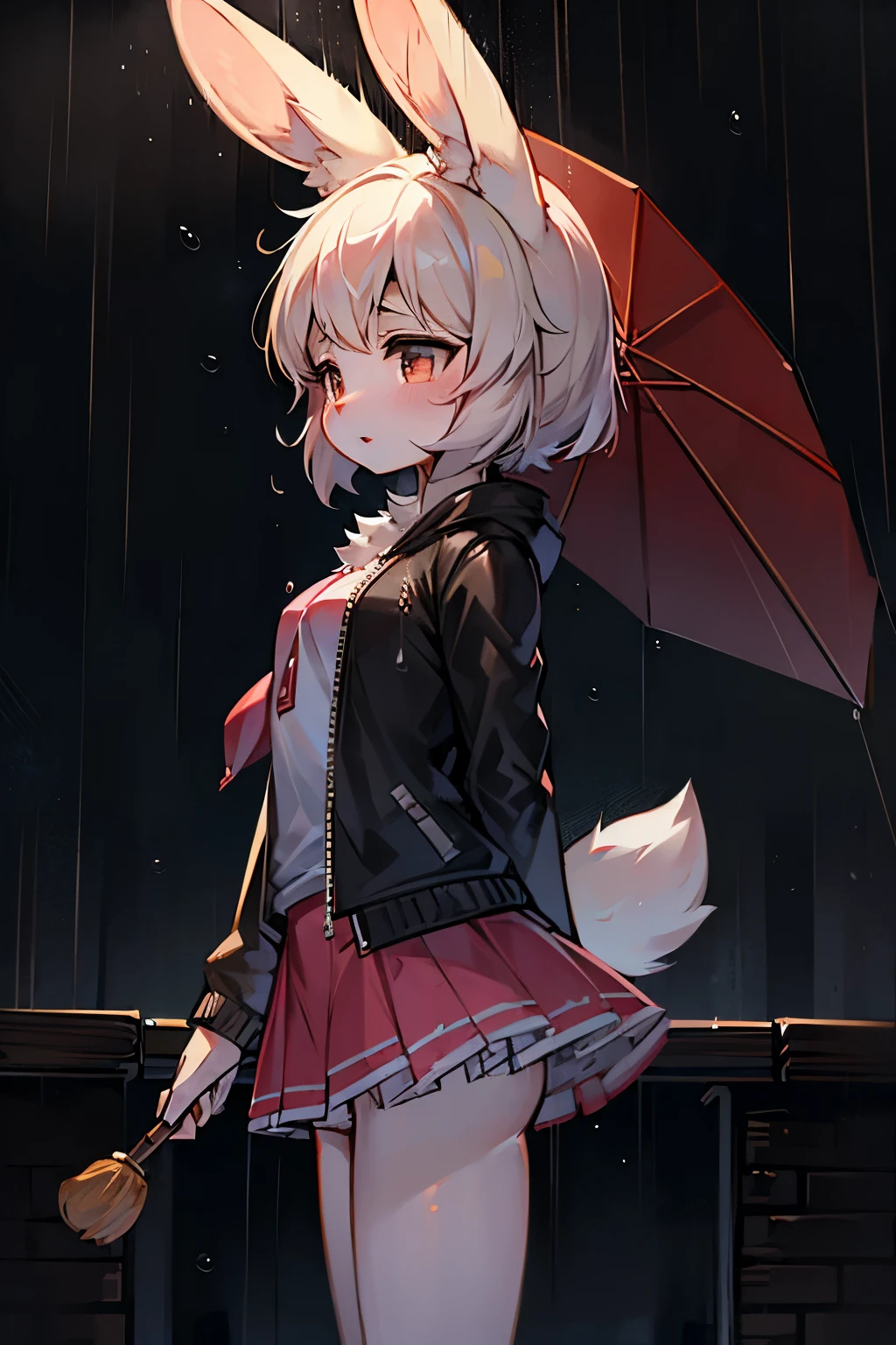 Raining background，Bunny Girl，Rabbit with long ears，Furry women，Characteristics of -year-girlsort stature，Summer short sleeves with jacket，Short skirt，Umbrella