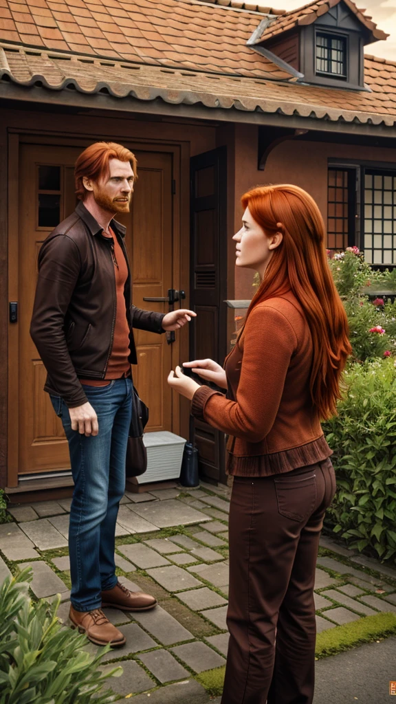 Red-haired Dutch woman, arguing with dark brown-haired Dutch man, in front of her house, cinematic, realistic image