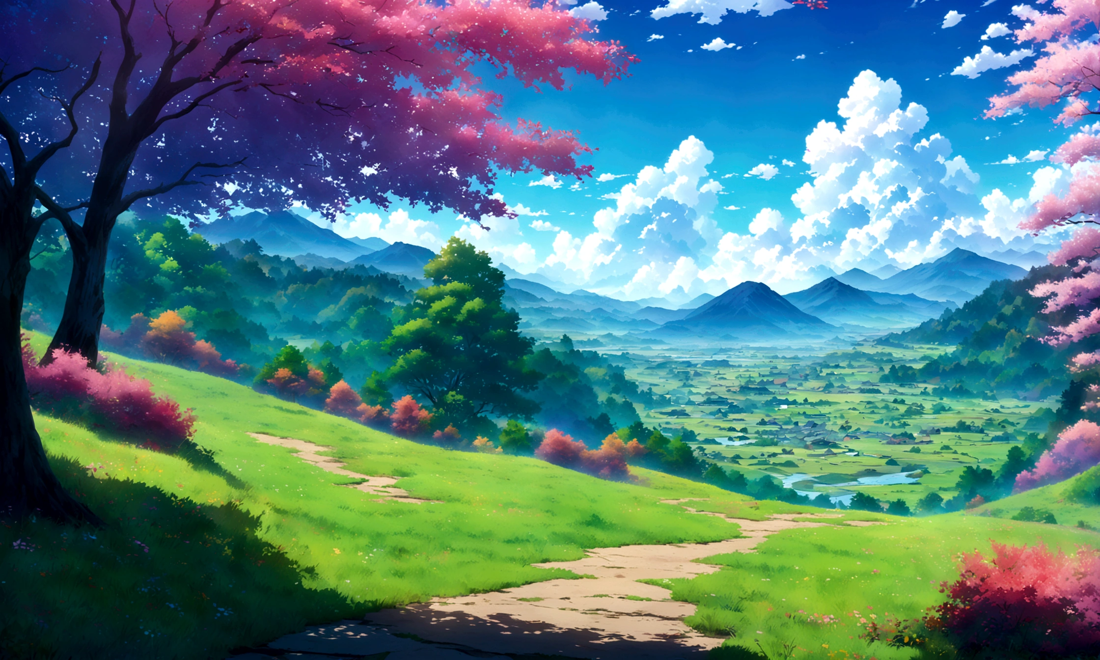 japanese anime - style painting of a beautiful day grassy field with mountains , blue cloudy sky,anime countryside landscape, anime landscape, anime landscape wallpaper, anime background art, beautiful anime scenery, anime background, anime beautiful peace scene, anime scenery, anime movie background, anime nature, anime scenery concept art, colorful anime movie background, beautiful anime scene, anime scene, beautiful landscape background,anime art wallpaper 8 K beautiful anime scene,anime,4 K highly detailed digital art