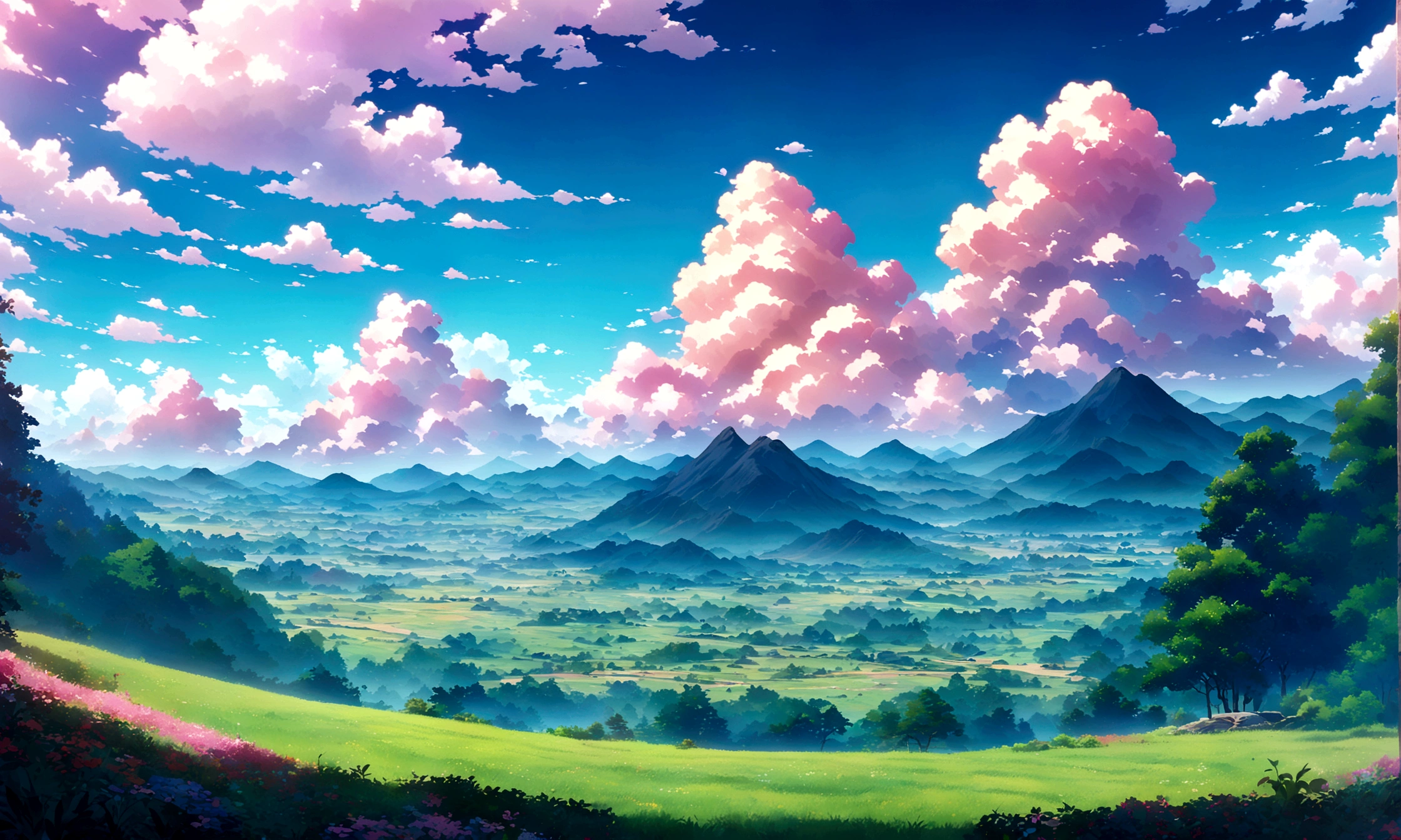 japanese anime - style painting of a beautiful day grassy field with mountains , blue cloudy sky,anime countryside landscape, anime landscape, anime landscape wallpaper, anime background art, beautiful anime scenery, anime background, anime beautiful peace scene, anime scenery, anime movie background, anime nature, anime scenery concept art, colorful anime movie background, beautiful anime scene, anime scene, beautiful landscape background,anime art wallpaper 8 K beautiful anime scene,anime,4 K highly detailed digital art
