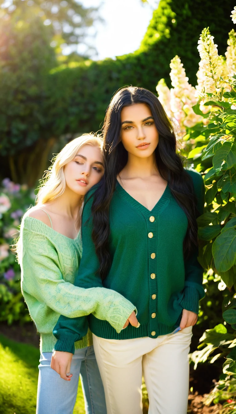 Softly lit European garden setting, warm sunlight filtering through lush foliage, casting gentle shadows on vibrant flowers. Two young women, 23 years old, pose amidst verdant scenery: stunning model with perfect bosoms and long black hair wears fitted green sweater, accentuating toned physique; golden blonde-haired companion stands beside, sharing striking features. Soft focus emphasizes tranquil atmosphere as camera captures serene beauty amidst nature's splendor, same clothes, warm sunlight dancing across faces and flowers.