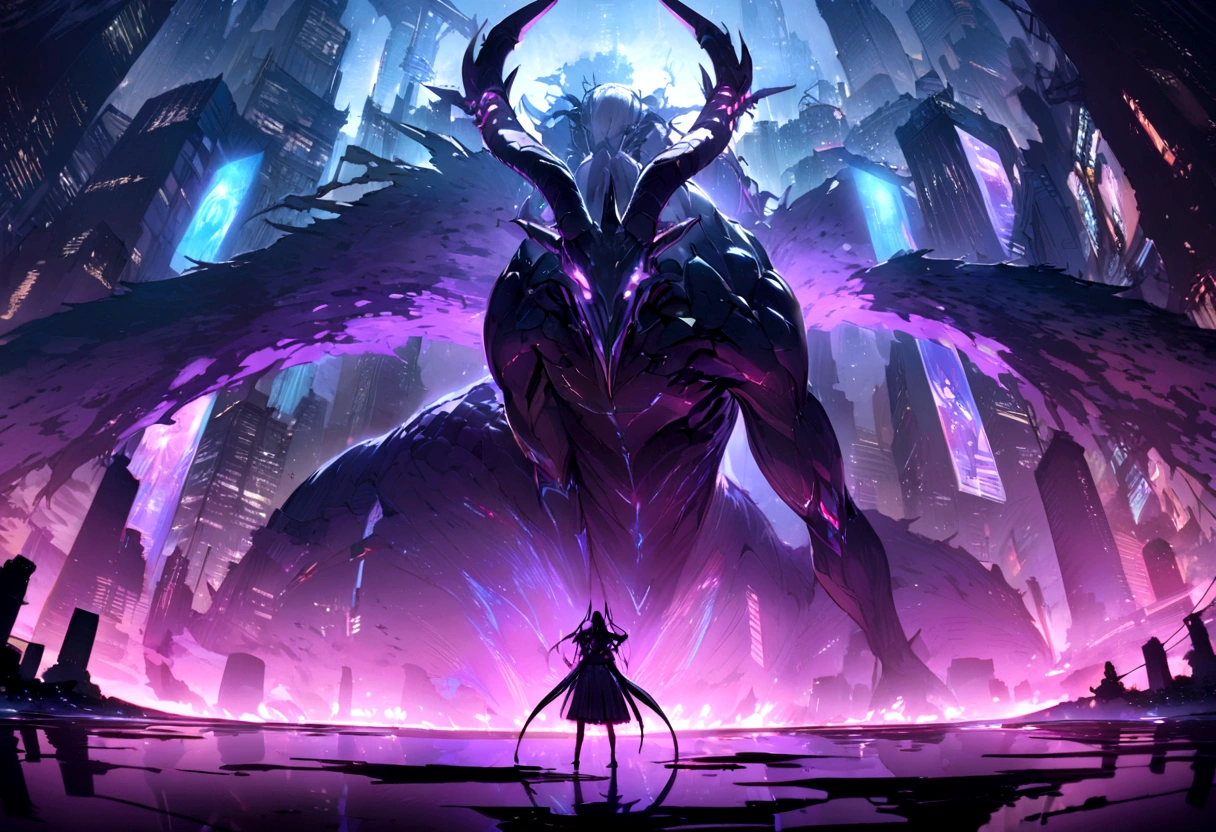 ((masterpiece, Highest quality, Best image quality, High resolution、8k)), a majestic gothic dragon, The head is that of a long-horned goat、The torso is slim and beautiful、god々New body、Dangerous powerful creatures, god話上の生き物, an ominous fantasy illustration、Glowing blue eyes and advanced cybernetic enhancements. The giant demon is seen in a dynamic action pose, neon, reflection on a smooth surface. The cityscape below is filled with towering skyscrapers., illuminated by colorful holographic advertisements, Shining with blue energy, Mighty power. The overall atmosphere is dark and mysterious., It had a futuristic techno vibe.. The lighting is dramatic, Intense highlights and deep shadows, Creates depth and tension.