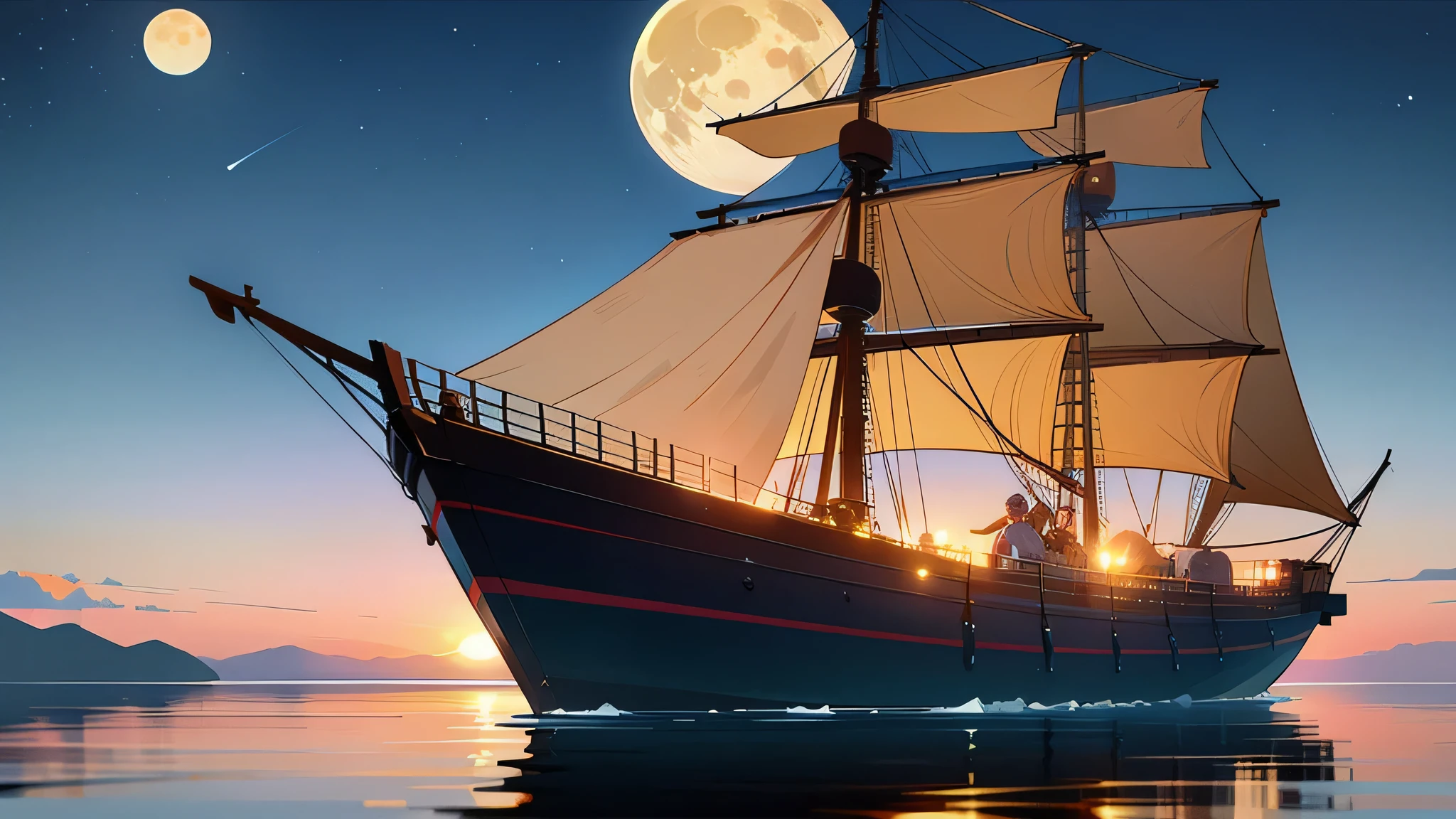lake、Lakeside、A luxury boat on the lake、A large ship is visible nearby、Nice ship、The background is a starry sky、Big Moon、Big full moon、Magnificent moonlit night、Spectacular full moon、Fantasy、mysterious、cinematic、8K、The lamp lights up、high resolution、Healing、Peaceful and sleepy、relax、Romantic mood、The small crescent moon disappears.