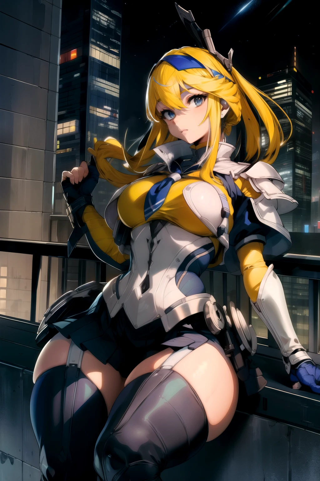 masterpiece,Highest quality,One girl,Mesa,headband,((school uniform)),armor,Expressionless,Large Breasts,Thick thighs,Wide Hips,night,Skyscraper rooftop,