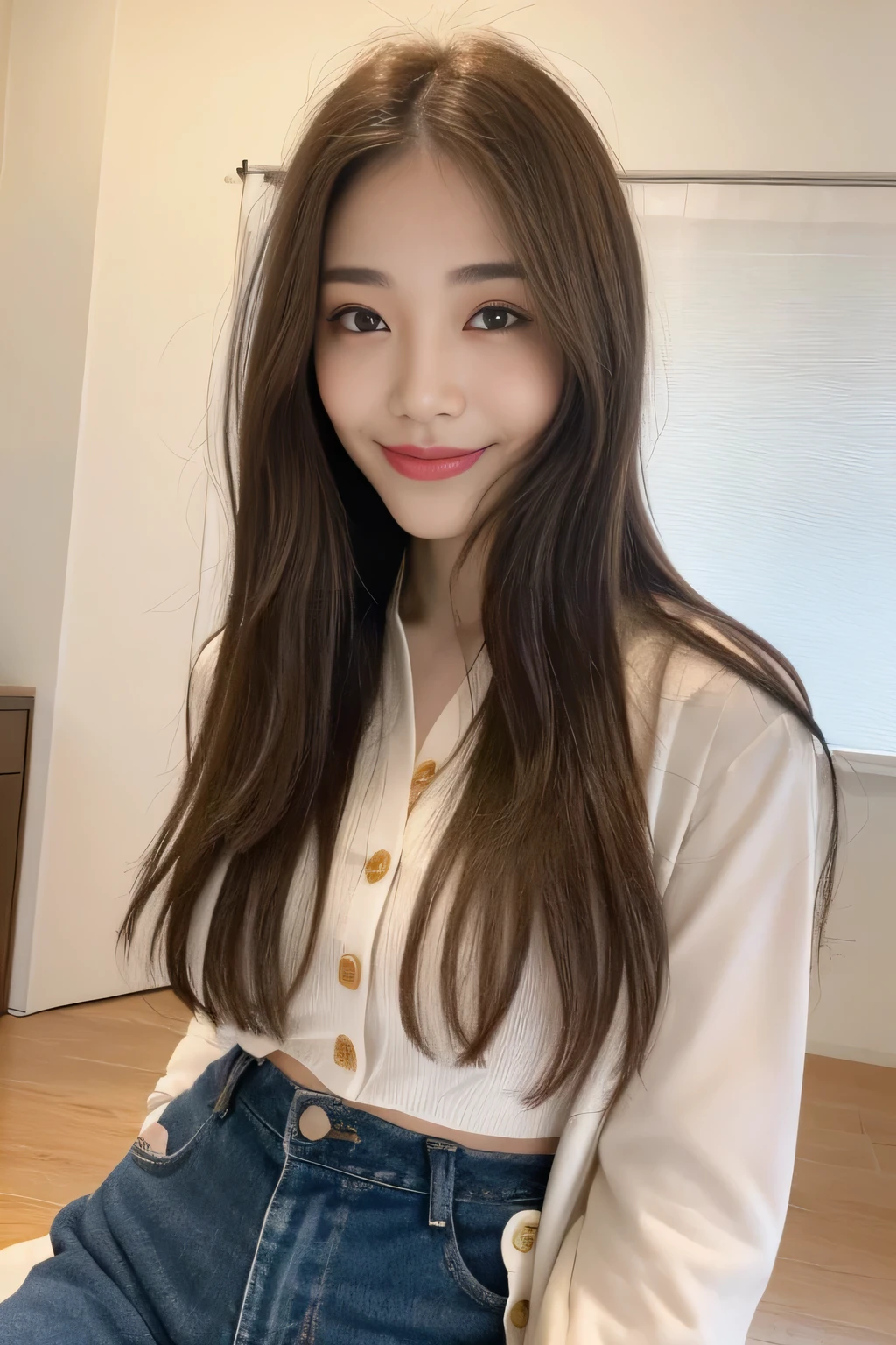 seed:2020674263.((Full body angle:1.1)).((Highest quality, 8K, masterpiece:1.3)), ((from below:1.1)).concentrated:1.2, Perfect body beauty:1.4, Hips:1.2, ((Delicate Hair)), (Colorful button-through crop shirt :1.1) , ((Highest quality、8k、masterpiece:1.3))、1 Girl、A sloppy smile、Esbian all over、Slim face、Big Boobs、Beautiful woman、(Dark Brown Hair)、Long Hair、1、Flickering Valley、Detailed eyes、double eyelid、Blurred Background、超Slim face、Smile、Looking down、stroll、