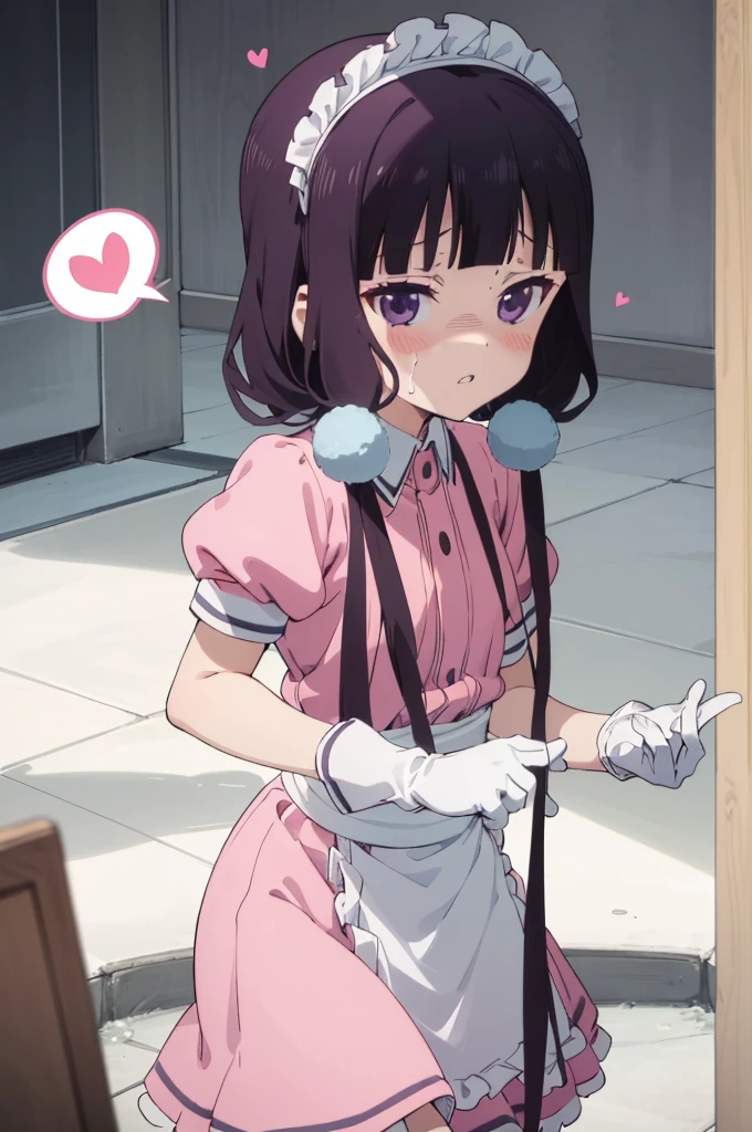 (((picture perfect))), (absurdres), 1girl, solo, maika sakuranomiya, maid, maid headdress, waist apron, (pink shirt, pink skirt:1.2), short sleeves, white gloves, looking at viewer, shaded face, disgusted, parted lips, cafe,,spoken heart,6yo,(petite),(nsfw,cum:1.2)