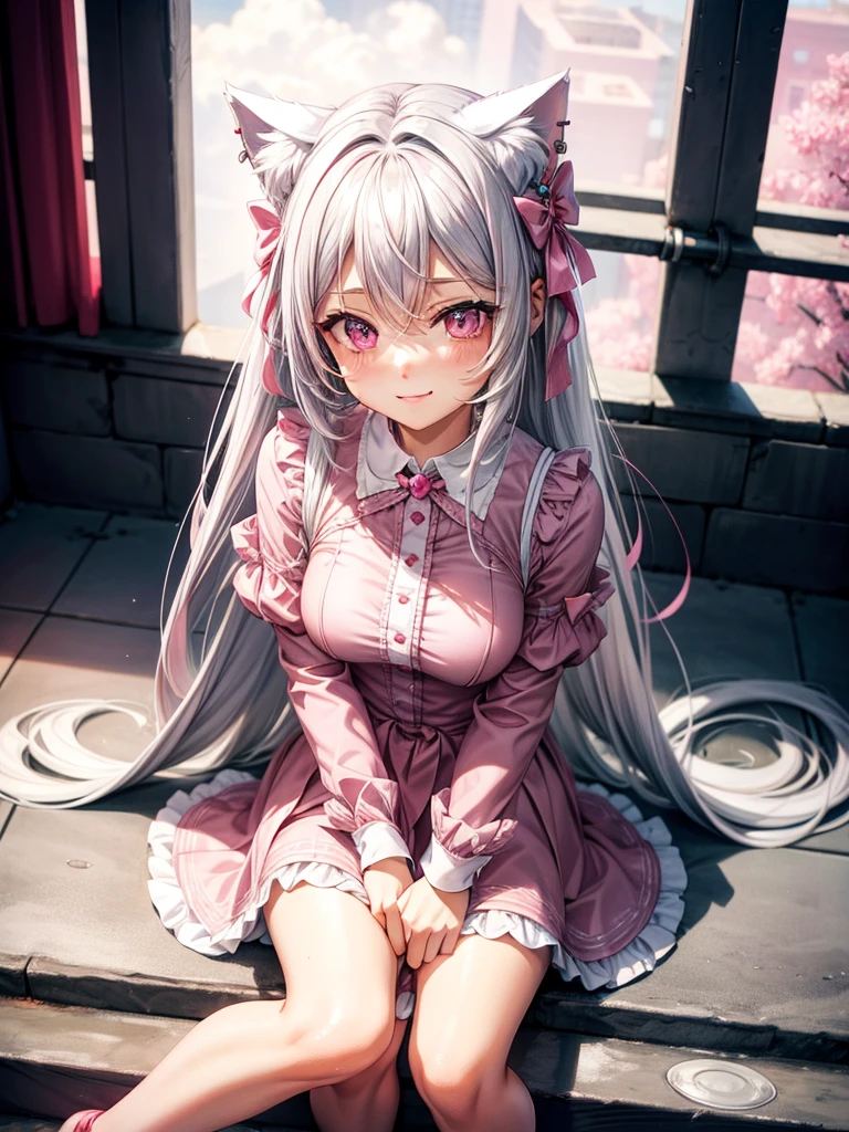 Silver hair, pink eyes, body, cat ears, sexy girl, earrings, flower sky background, pink red uniform, hair bows, sit down, happy face