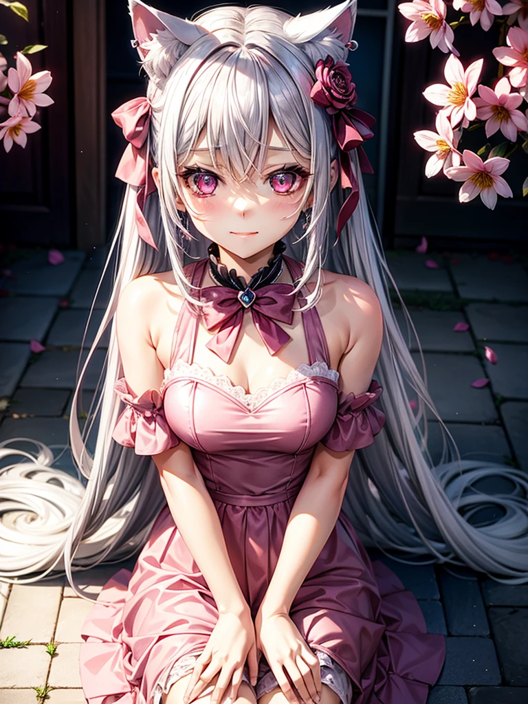 Silver hair, pink eyes, body, cat ears, sexy girl, earrings, flower sky background, pink uniform, hair bows, sit down, happy face