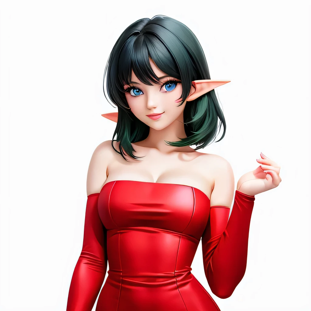  (masterpiece,best quality,ultra-delicate,Perfect Face,16k,high resolution,very beautiful girl),Medium short deep green hair:1.2, Red strapless bodycon tube dress ,Red long arm sleeves,Elf Girl,((gigantic Breasts)),blue eyes,Beautiful smile,20 years old,