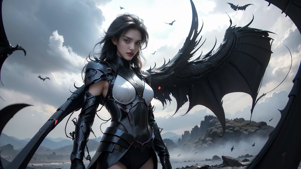 full body image, The lost god, Angel Wings and Demon Lord Wings, battle in the sky, (Realistic picture, highest resolution, 16K), (A demon god with wide wings and enormous power on his shoulders..., Twelve wings on the shoulders., black bat wings:1.3 white angel wings:1.5), long hair, Thick hair, Two meters long, floor length, (สาวสวยlong hairสองเมตร, shiny black hair, Smooth white skin, very red lips), ((stand, already)), (หน้าอกbig, หัวbig tits), (gigantic breast, small waist, hips raised, small thighs, Long legs), (dynamic poses), Separate theme, (Angel wings and devil wings), floating in the air above the ground, background darkness, Embraced with twelve wings, ปีกSeparate themeชัดเจน, Angel wings and devil wings, white and black wings, ทรงสวมมงกุฏขนาดbig, The busiest breasts, big , Porn, just, exposed body, tight, All smooth., see the whole body, full body image,