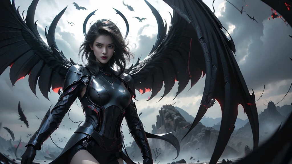 full body image, The lost god, Angel Wings and Demon Lord Wings, battle in the sky, (Realistic picture, highest resolution, 16K), (A demon god with wide wings and enormous power on his shoulders..., Twelve wings on the shoulders., black bat wings:1.3 white angel wings:1.5), long hair, Thick hair, Two meters long, floor length, (สาวสวยlong hairสองเมตร, shiny black hair, Smooth white skin, very red lips), ((stand, already)), (หน้าอกbig, หัวbig tits), (gigantic breast, small waist, hips raised, small thighs, Long legs), (dynamic poses), Separate theme, (Angel wings and devil wings), floating in the air above the ground, background darkness, Embraced with twelve wings, ปีกSeparate themeชัดเจน, Angel wings and devil wings, white and black wings, ทรงสวมมงกุฏขนาดbig, The busiest breasts, big , Porn, just, exposed body, tight, All smooth., see the whole body, full body image,