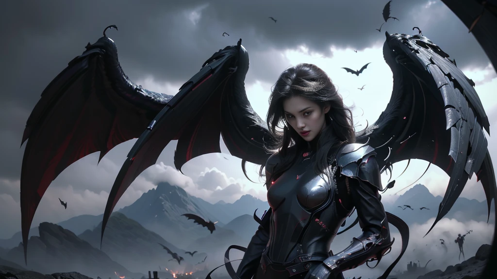 full body image, The lost god, Angel Wings and Demon Lord Wings, battle in the sky, (Realistic picture, highest resolution, 16K), (A demon god with wide wings and enormous power on his shoulders..., Twelve wings on the shoulders., black bat wings:1.3 white angel wings:1.5), long hair, Thick hair, Two meters long, floor length, (สาวสวยlong hairสองเมตร, shiny black hair, Smooth white skin, very red lips), ((stand, already)), (หน้าอกbig, หัวbig tits), (gigantic breast, small waist, hips raised, small thighs, Long legs), (dynamic poses), Separate theme, (Angel wings and devil wings), floating in the air above the ground, background darkness, Embraced with twelve wings, ปีกSeparate themeชัดเจน, Angel wings and devil wings, white and black wings, ทรงสวมมงกุฏขนาดbig, The busiest breasts, big , Porn, just, exposed body, tight, All smooth., see the whole body, full body image,