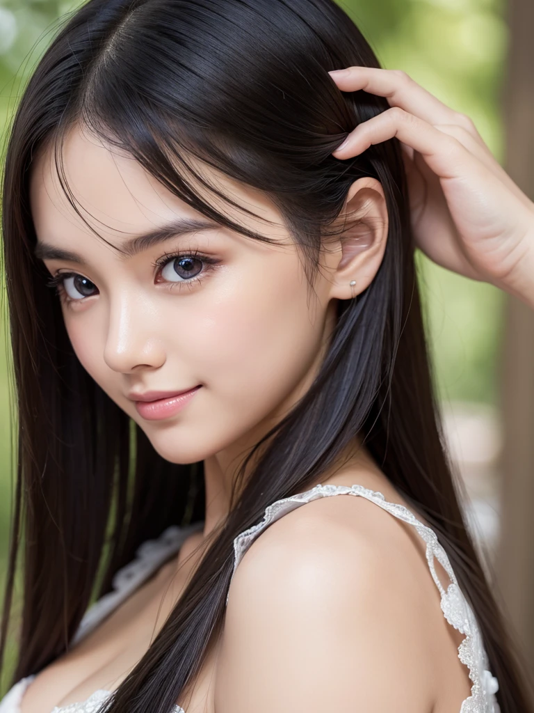 highest quality, realistic, 8K, High resolution, 1 girl, woman, (skin dents), (portrait:0.6), nice, ((white background, naked, small breasts:1.65)), (Black hair in a ponytail, parted bangs:1.4), looking at the viewer, (1 girl eyes looking at the viewer:1.6), realistic, (Bokeh), (closed mouth, smile:1.3), nice, Pueros face_V1:1,