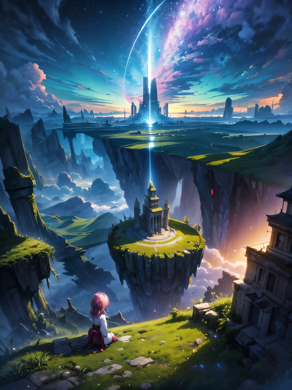 Shin-Umi Mokoto and Ghibli Anime Style, From behind,Above the Clouds,Sitting on the moss-covered stage、A girl in adventure clothing looking at a magnificent lost city and the giant world tree next to it, lost city Above the Clouds and towering sky, Magical glowing particles, Vibrant dreamy colorful sky with fluffy clouds, Book, apple, Glasses, Calm,petal,Hair blowing in the wind,they are