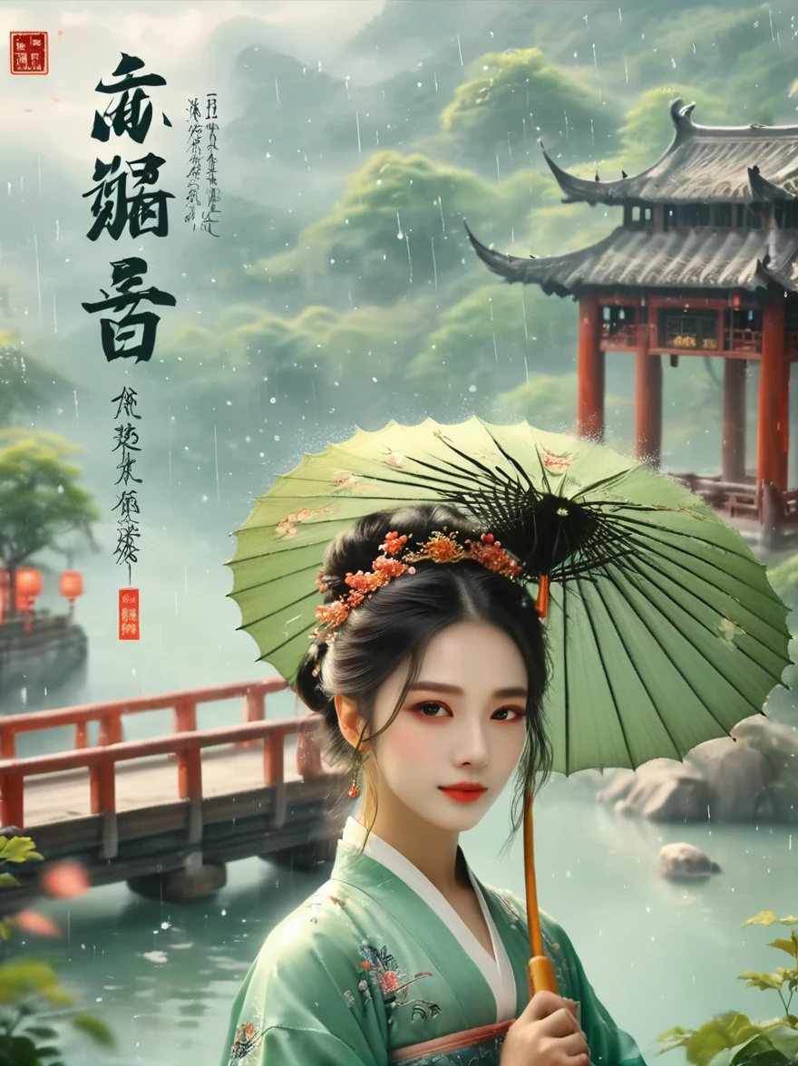 (Best quality,8K,high resolution,masterpiece:1.2),Ultra Detail,(Girl holding an oil-paper umbrella:1.3),(Oil-paper umbrella:1.5),(Girls Focus),(Close shot),(beauty细致的眼睛,beauty细致的嘴唇,Extremely detailed eyes and face,Long eyelashes),Stand on a small bridge,Running Water,Ancient Town,Jiangnan Scenery,antique,Spring rain,light rain,beauty,Traditional Chinese Hanfu,Chinese Architecture,illustration,The image is bright,rich and colorful,Fine details