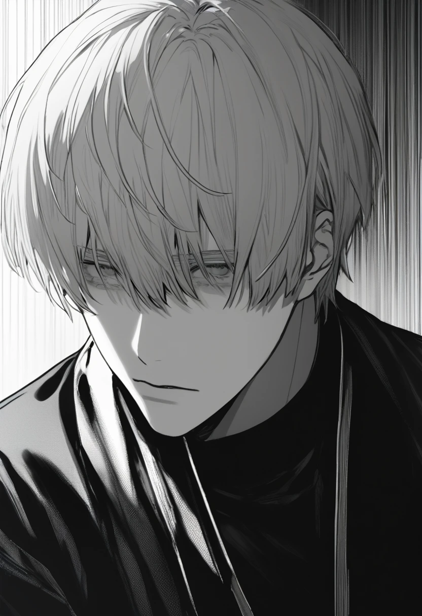 a yuto-sano boy, Kaneki, extremely detailed white hair, elegant, monochrome, solo, greyscale, male focus, looking at viewer, tired expression, eyebags, eyeblacks, extremely short hair, detailed facial features, cinematic lighting, (best quality,4k,8k,highres,masterpiece, focus,physically-based rendering,extreme detail description,professional