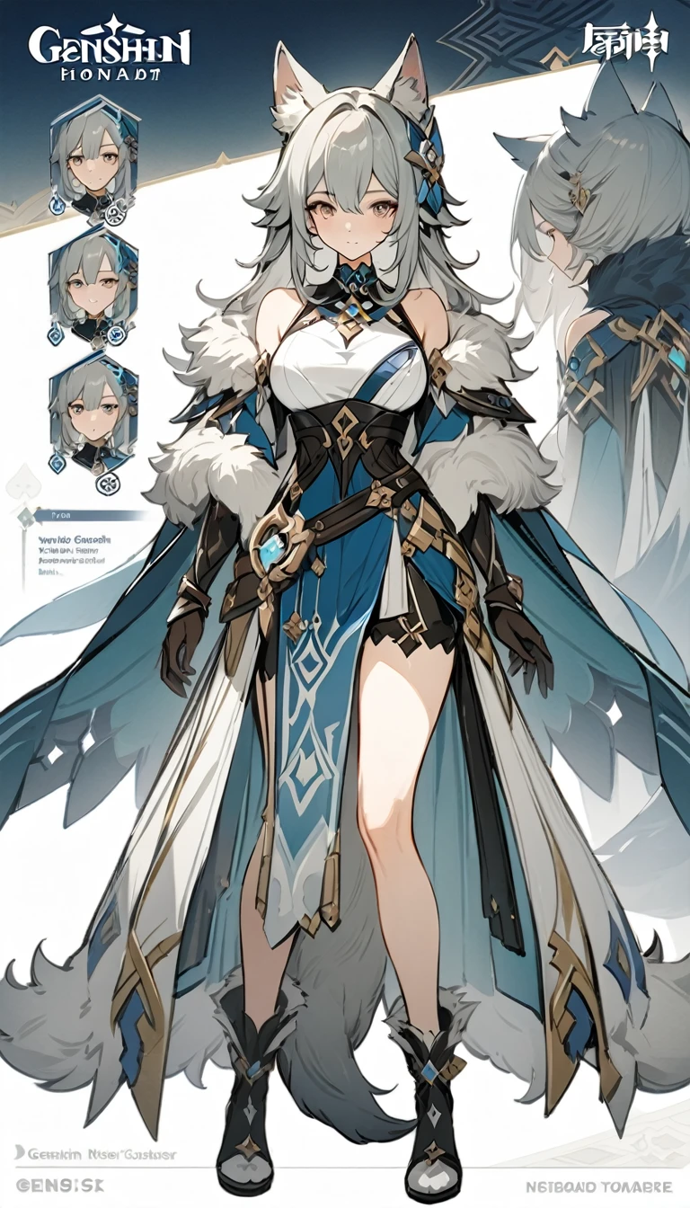 three views、Character Design、whole body、White Hair、Blue-green eyes、Long Hair、Straight Hair、White dress、mysterious、White background