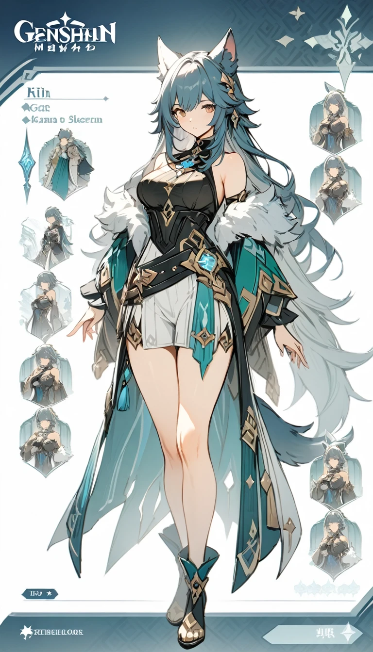((masterpiece)), ((best quality)), ((high resolution)), full body, standing, white backgroun, fantasy, genshin clothes, genshin outfit, fantasy theme, large breast, fur mantle, bare shoulders, character sheet, standing, wolf tail, wolf ears, 
