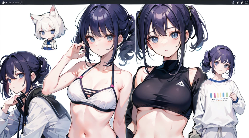 ((masterpiece)),(((Highest quality))),(Character design sheet,Same role,frontage,side,behind),figure,One huge breasted girl,hair color,With bangs,Hairstyle Fax,eye,The environment changes,Hairstyle Fax,Floated hair,(細部まで精巧に描かれたeye),((Very small breasts)),Sweat pants,Top-body mini bikini,(Simple Background,White background:1.3),