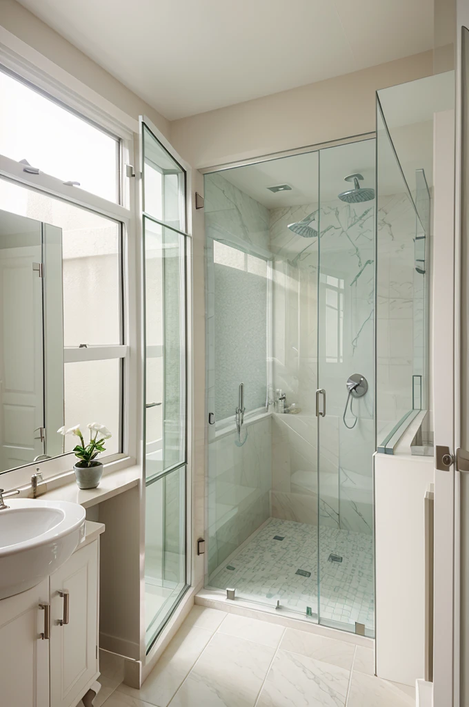 A window leading to a large bathroom, looking in from outside