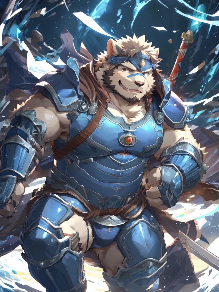 anthro, kemono, male, solo, ((oval face, very handsome face, thick beard)), ((endomorph body type, old-aged)), (high quality, highres, masterpiece), (dynamic lighting, vivid color), (generous smile), cartoon, (((a furry sheep))), white fur, (((shoulder long silky hair))), (((handsome, slim fit, small face, ikemen))), paladin, (((white sheep))), ((dark blue armor)), full body, tall, smooth hair, sword and shield, mature, dad, full armor, by zixiong, by takemoto arashi, by zixiong, (by null-ghost:0.8), (by t.y.stars:0.4)