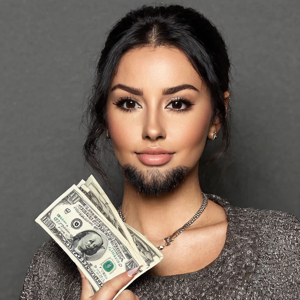 bearded woman beautiful shaggy beard, black hair, brown eyes, eyeliner, proud smile, seductive look, hold a load of dollar bills