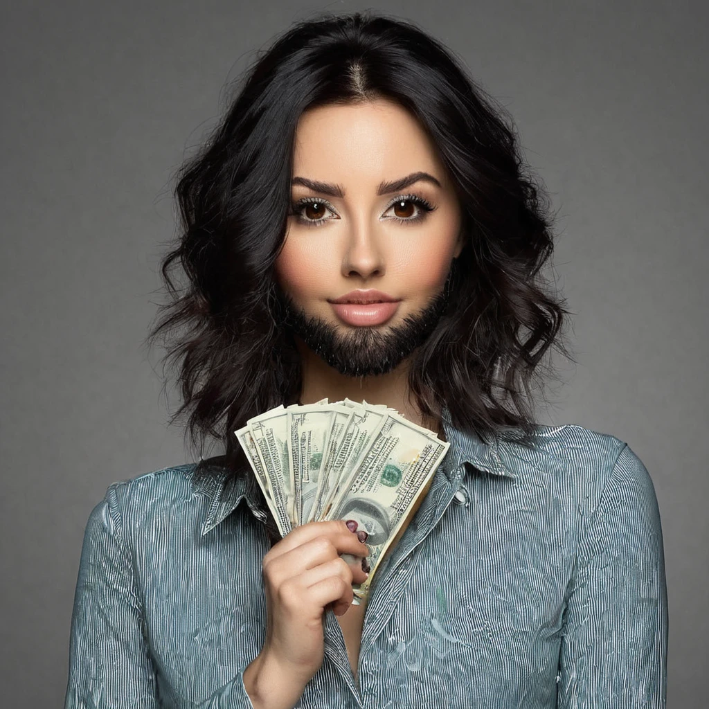 bearded woman beautiful shaggy beard, black hair, brown eyes, eyeliner, proud smile, seductive look, hold a load of dollar bills