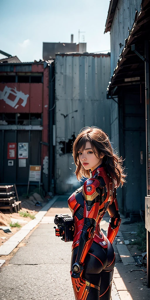 (1girl:1.3), solo,__body-parts__, official art, unity 8k wallpaper, ultra detailed, beautiful and aesthetic, beautiful, masterpiece, best quality, RAW, masterpiece, super fine photo,, best quality, super high Resolution, photorealistic, sunlight, full body portrait, stunningly beautiful,, dynamic pose, delicate face, vibrant eyes, (side view), she is wearing a futuristic Iron Man mech, red and gold, Highly detailed abandoned warehouse background, detailed face, detailed complex busy background, messy, gorgeous, milky, high detailed skin, realistic skin details, visible pores, sharp focus, volumetric fog, 8k uhd, dslr camera, High quality, film grain, fair skin, photorealism, lomography, sprawling metropolis in a futuristic dystopia, view from below, translucent