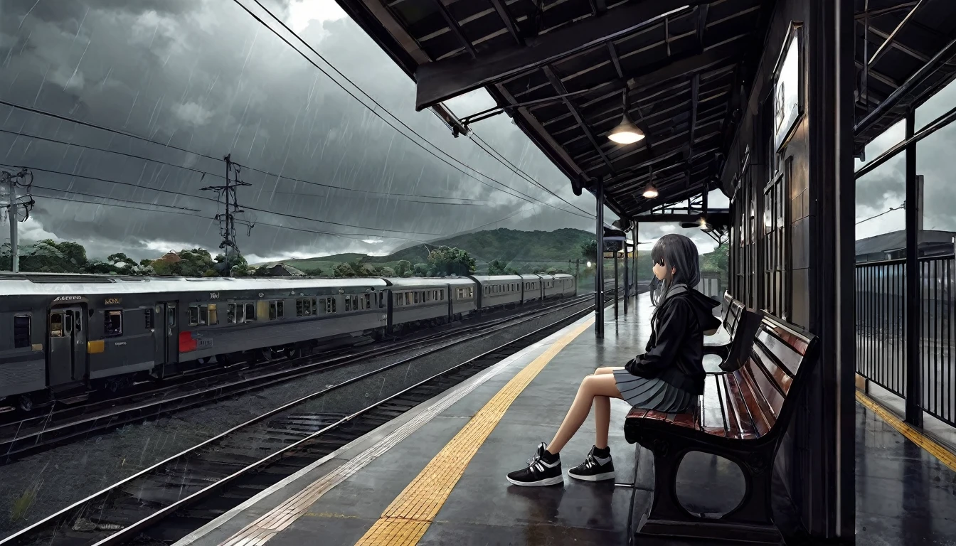 Ultra high definition photo. The sky is cloudy and full of dark clouds. It's dark like a place where it's going to rain. At an old train station, a girl sits lonely on her bench. Her hair is flying. The girl is wearing her pleated skirt and her bb sneakers. You can see the back of the train that has just passed. Close-up side shot of a girl