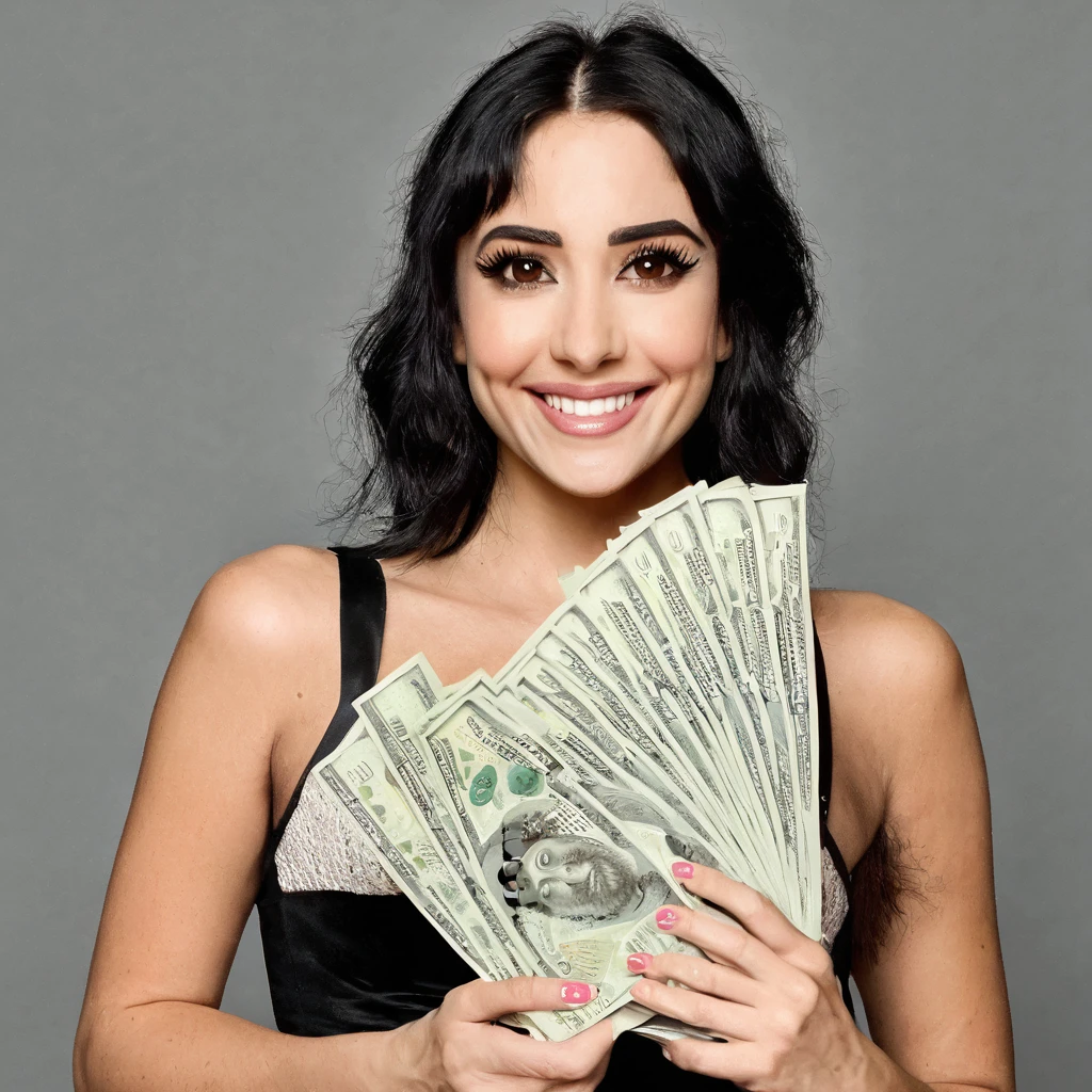 bearded woman beautiful shaggy beard, black hair, brown eyes, eyeliner, proud smile, seductive look, hold a load of dollar bills