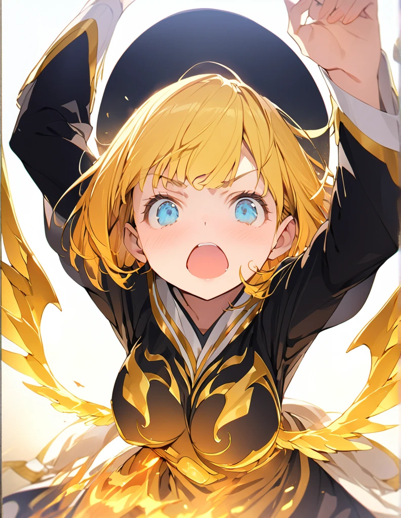 masterpiece　Golden Wings　A masterpiece of ultra-precise description of a girl fighting with golden flames (Short Bob Hair:1.4),(blue eyes)Fighting pose Golden flames rise all over　Big Breasts