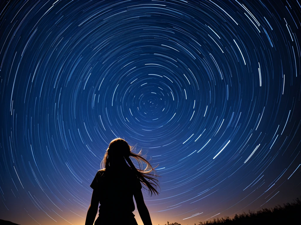 Rotating starry sky, shooting stars, girl looking up at the sky, North Star, star trails with 1 hour exposure