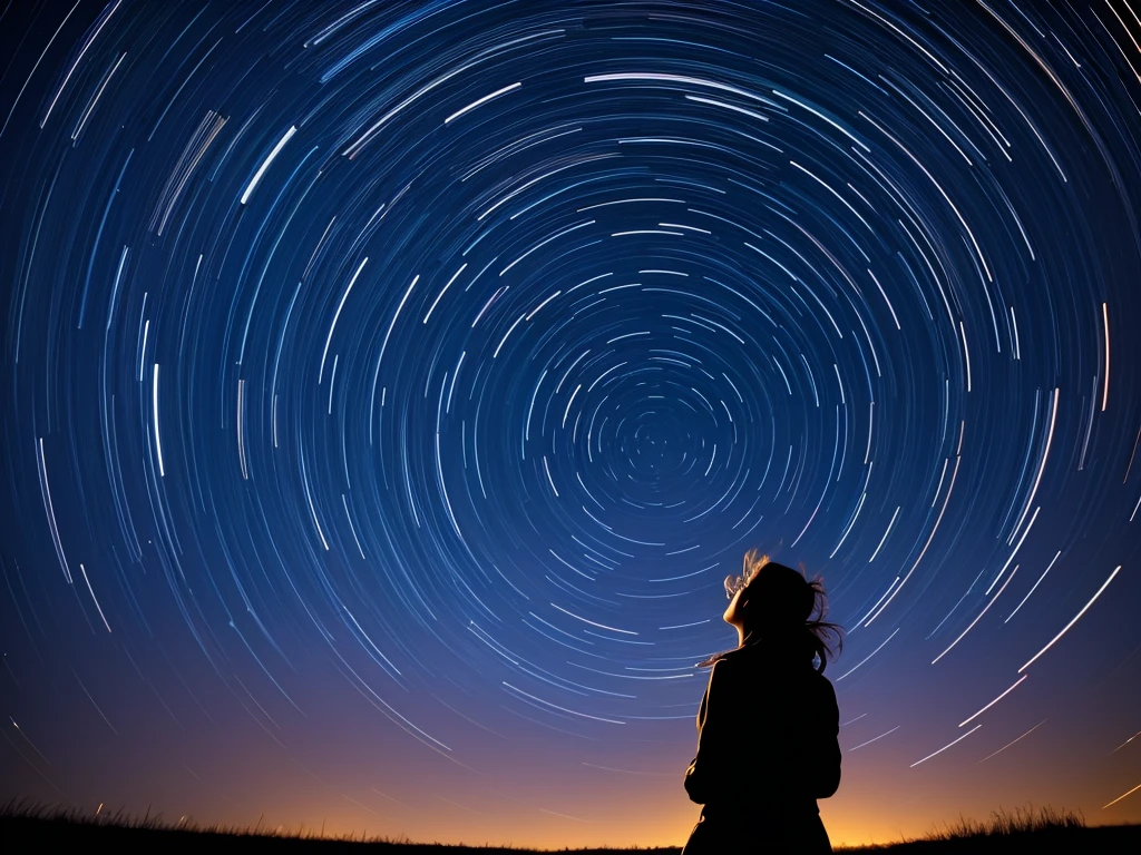 Rotating starry sky, shooting stars, girl looking up at the sky, North Star, star trails with 1 hour exposure