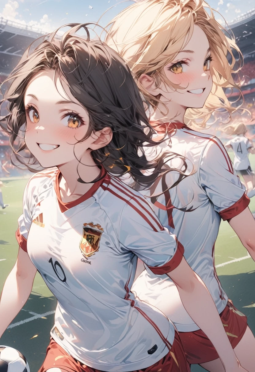 (award winning, 8k, super detailed, high resolution, best quality) , illustration about football, (two girls), girl on the left with blonde hair in ((spain soccer uniform)) and smirk expression, girl on the right with black hair in ((germany soccer uniform)) and (timid expression), (running side by side), ((beautiful girls)), football stadium, competitive spirit atmosphere.
