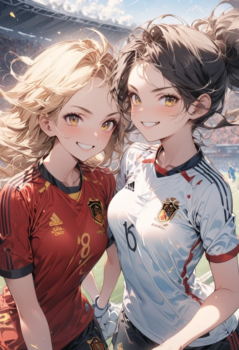 (award winning, 8k, super detailed, high resolution, best quality) , illustration about football, (two girls), girl on the left with blonde hair in ((spain soccer uniform)) and smirk expression, girl on the right with black hair in ((germany soccer uniform)) and (timid expression), (running side by side), ((beautiful girls)), football stadium, competitive spirit atmosphere.