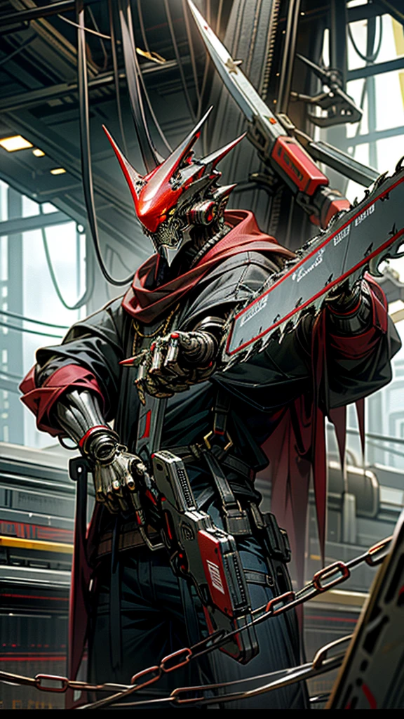 Dark_Fantasy,Cyberpunk,(chain saw,chain saw man,Red:1.1),1man,Mechanical marvel,Robotic presence,Cybernetic guardian,