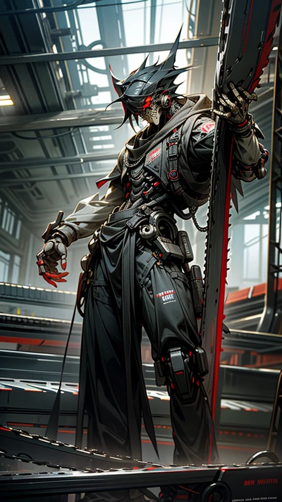 Dark_Fantasy,Cyberpunk,(chain saw,chain saw man,Red:1.1),1man,Mechanical marvel,Robotic presence,Cybernetic guardian,