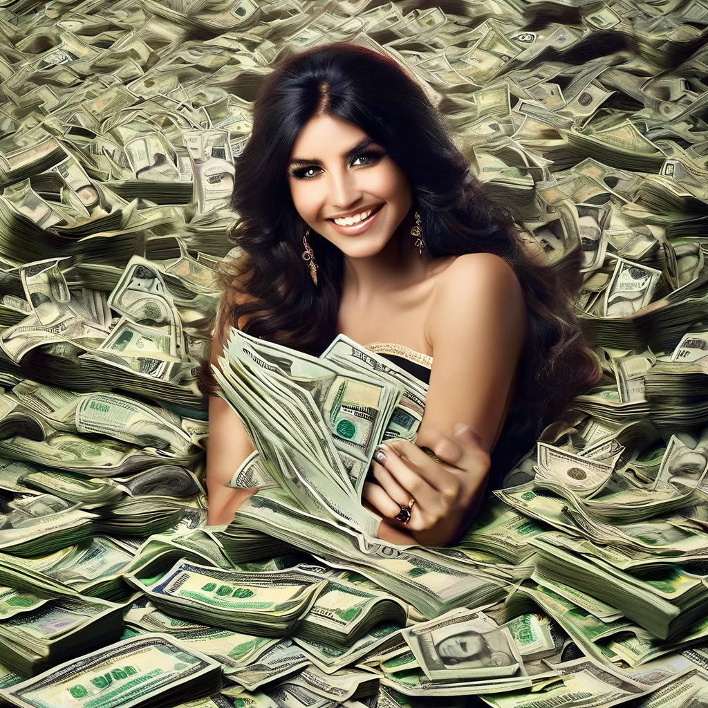 bearded woman beautiful shaggy beard, black hair, brown eyes, eyeliner, proud smile, seductive look, hold a load of dollar bills