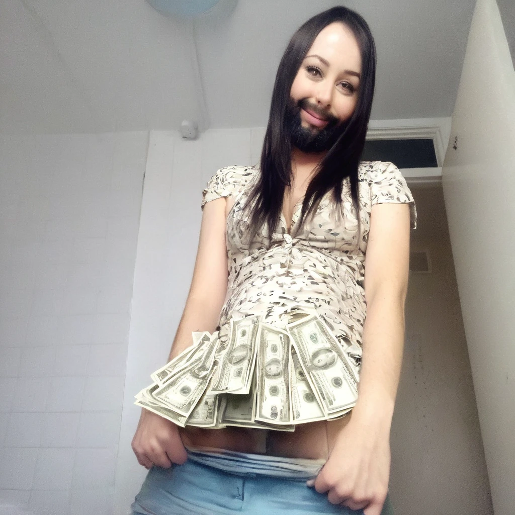 bearded woman beautiful shaggy beard, black hair, brown eyes, eyeliner, proud smile, seductive look, hold a load of dollar bills