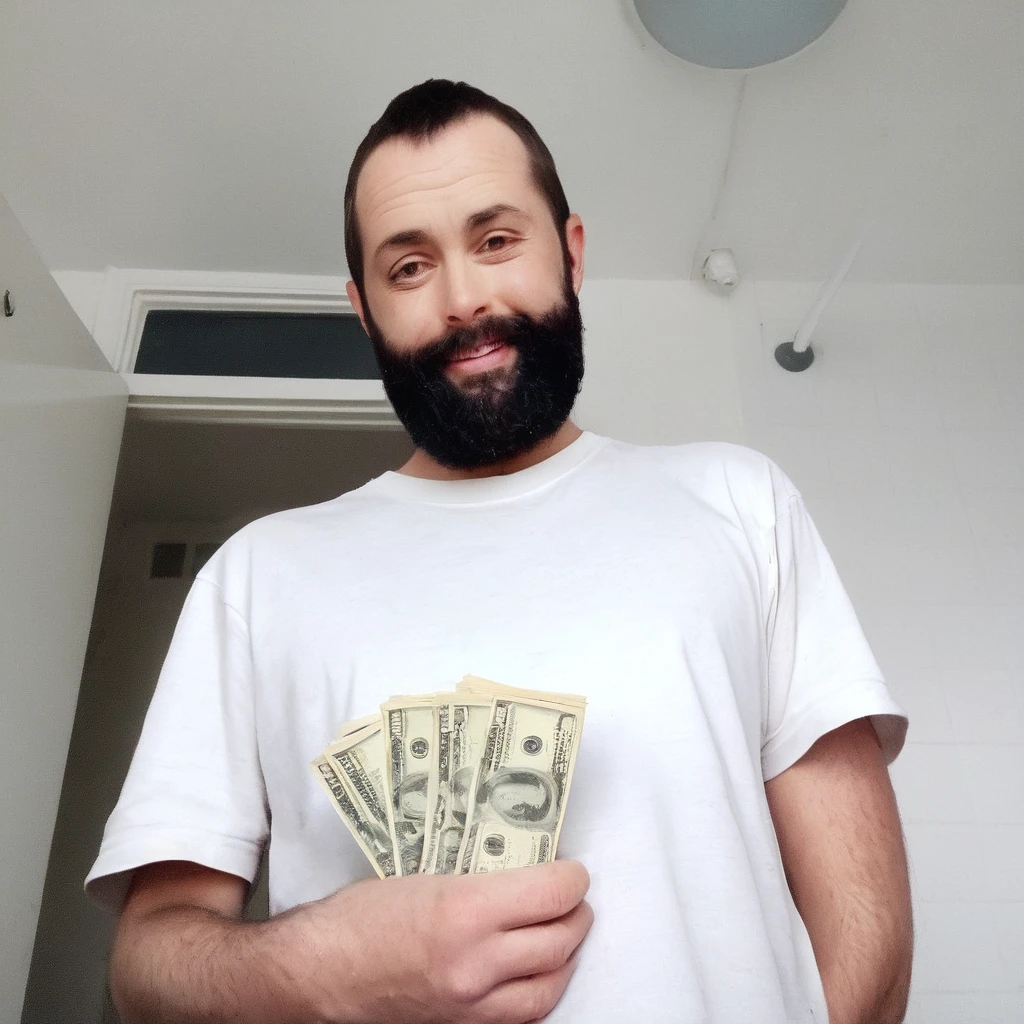 bearded woman beautiful shaggy beard, black hair, brown eyes, eyeliner, proud smile, seductive look, hold a load of dollar bills