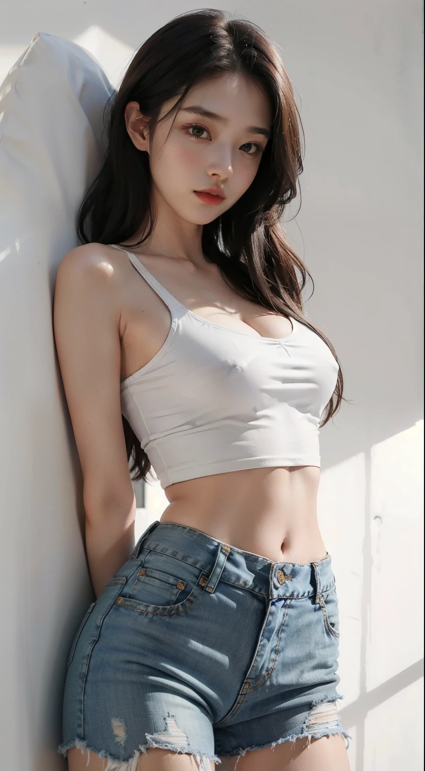 Girl posing for photo in white bra and tight denim, arms behind back, full body, with cropped t-shirt, bra, slim figure, medium bust, slim girl model, 20 year old female model,