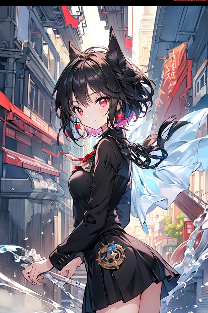 (masterpiece, Highest quality, Highest quality, (No text), beautifully、aesthetic:1.2),No text,anime、 High resolution break,One Girl,Short black hair Tree Eyes Beautiful Eyes Red eyes beautiful girl nice smile Black coat mini skirt Whole body Night view Detailed eyes and face