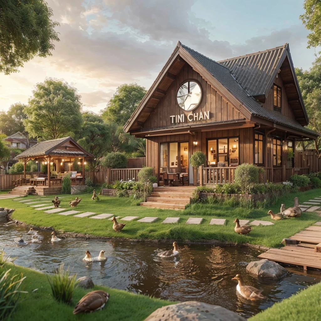 chocolate board house, near the river, there is grass bordering the fence, there is a fish pond, there are ducks swimming, there is a rocky path, there is a big sign that says TINI CHAN, afternoon atmosphere, real picture, full HD, 2K