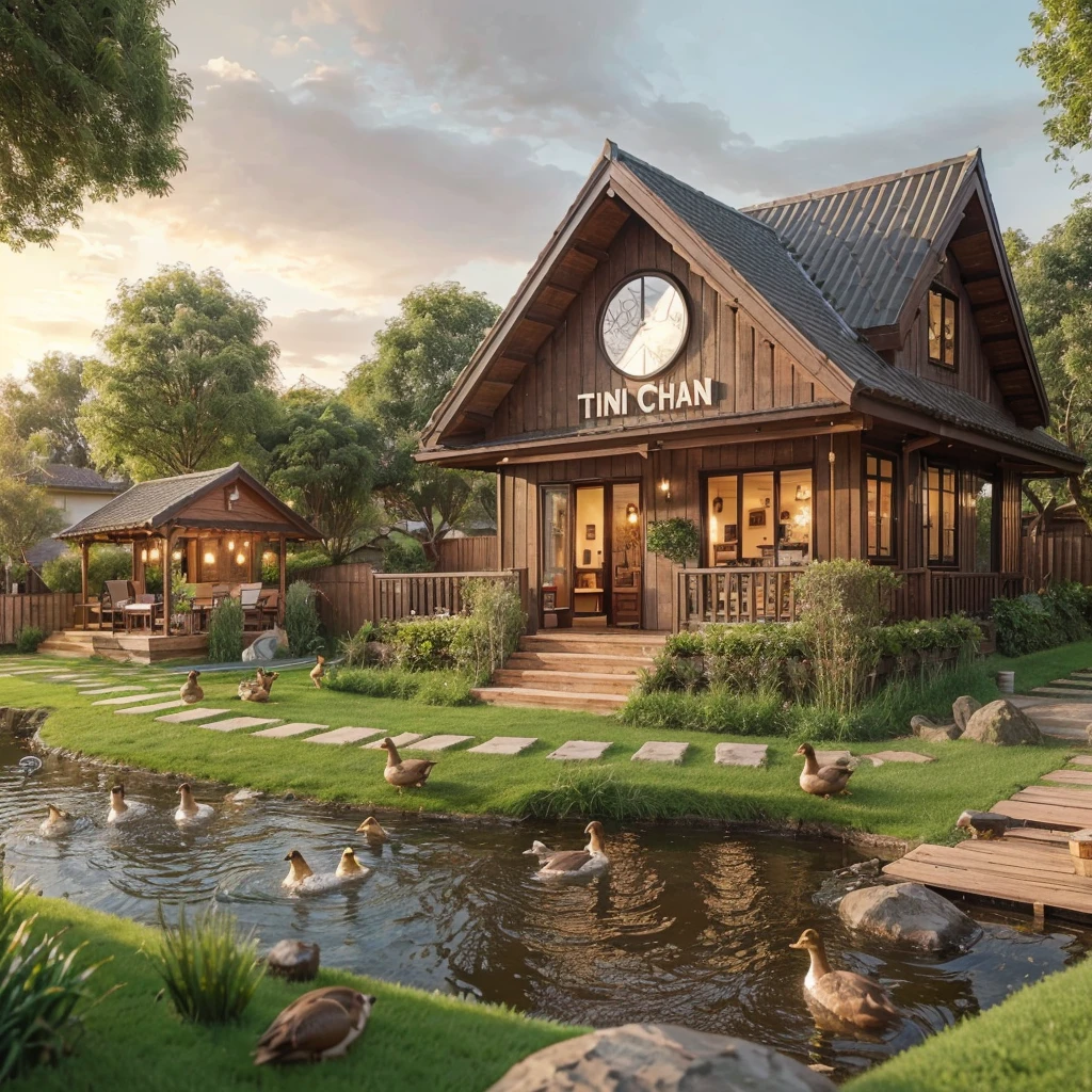 chocolate board house, near the river, there is grass bordering the fence, there is a fish pond, there are ducks swimming, there is a rocky path, there is a big sign that says TINI CHAN, afternoon atmosphere, real picture, full HD, 2K