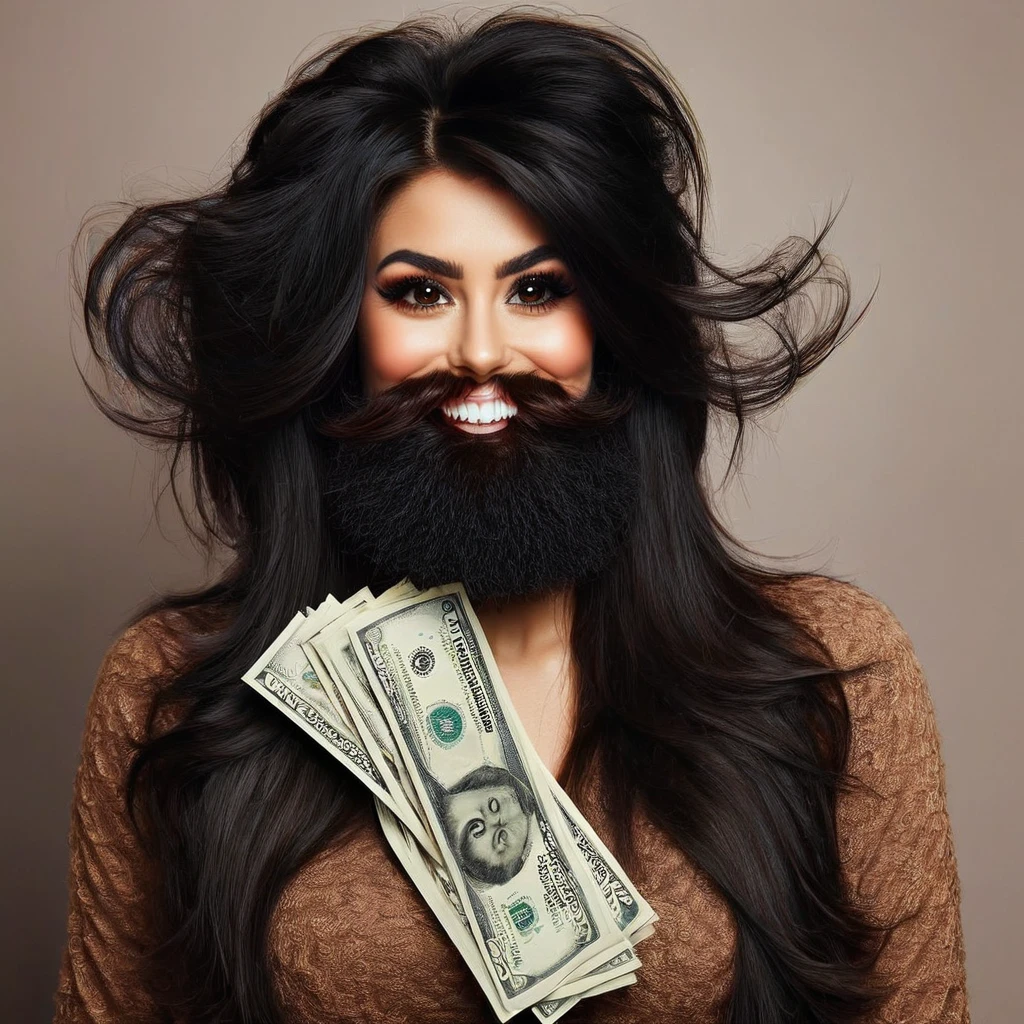 bearded woman beautiful shaggy beard, black hair, brown eyes, eyeliner, proud smile, seductive look, hold a load of dollar bills