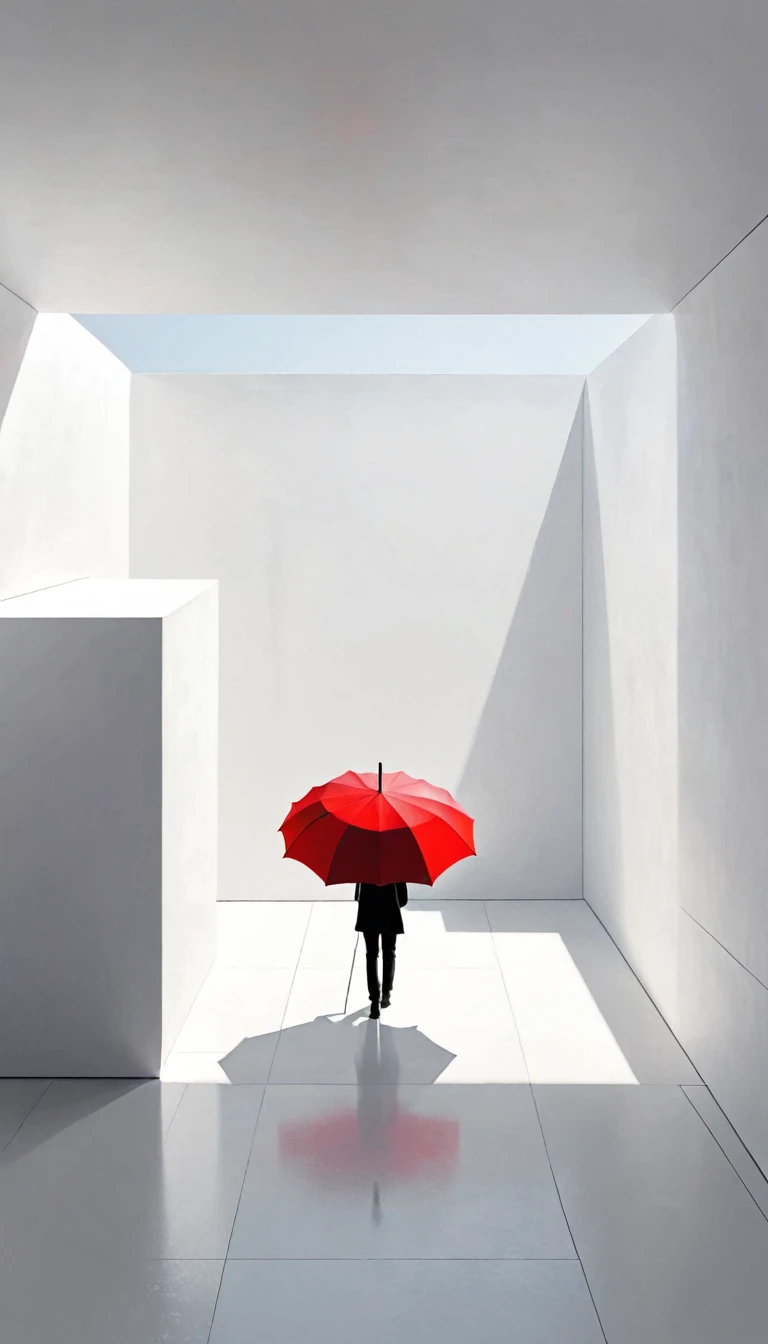 simple,Minimalist illustration,geometry,cube,Light and Shadow,One red umbrella,solitary figure,Lots of white space,perspective