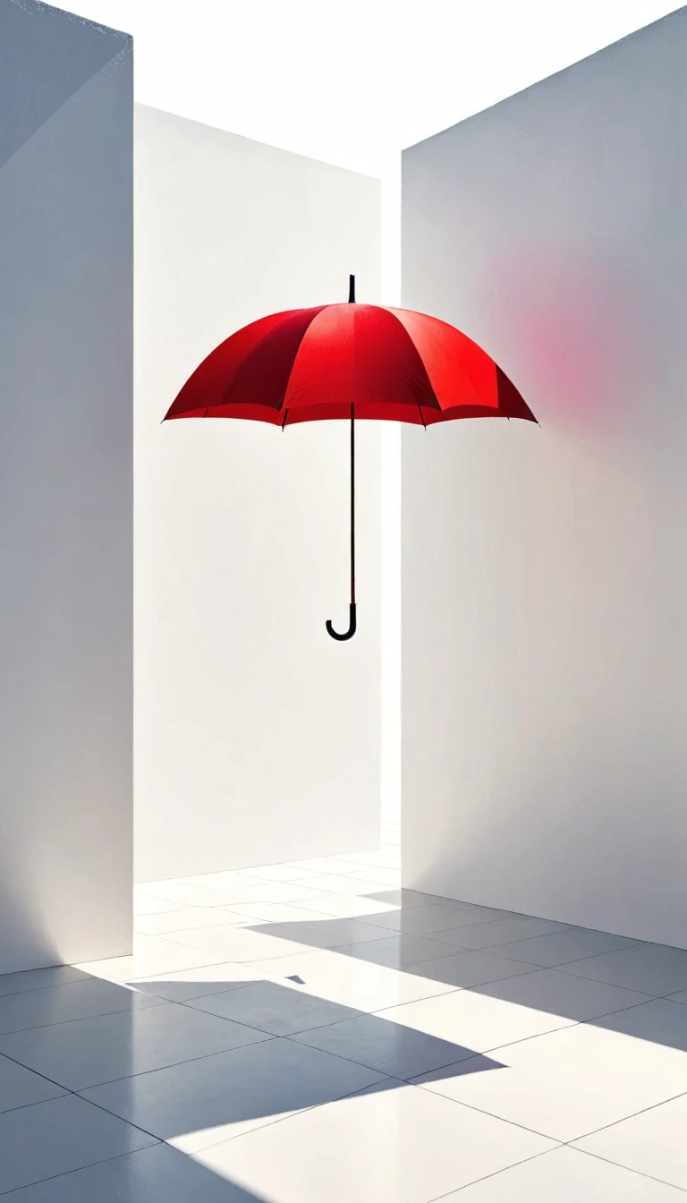 simple,Minimalist illustration,geometry,cube,Light and Shadow,One red umbrella,solitary figure,Lots of white space,perspective