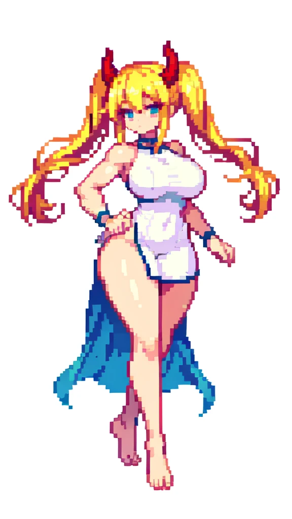{{ focus}},devil,barefoot,{{lift one leg}},{{very muscular}},{{very gigantic bre,{{very curvy}} , ,masterpiece , best quality , pixel art , 1 girl ,{full body},  voluptuous ,twintails,blonde hair ,white dress,white background
