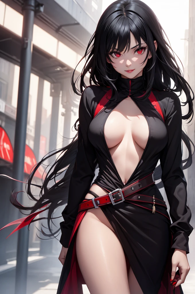 最high resolution,high resolution,Legendary Assassin, Beautiful age Woman,Small breasts, Complicated Dress, Fearless smile, Red lips, Black Hair(Gradation), Red eyes, realism, Digital Painting, Concept Art, Smooth, Sharp focus, Three-part method, Style Psycho